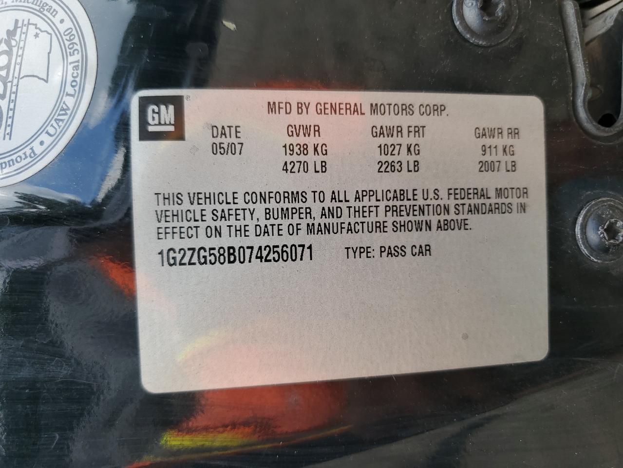2007 Pontiac G6 Base VIN: 1G2ZG58B074256071 Lot: 67842985