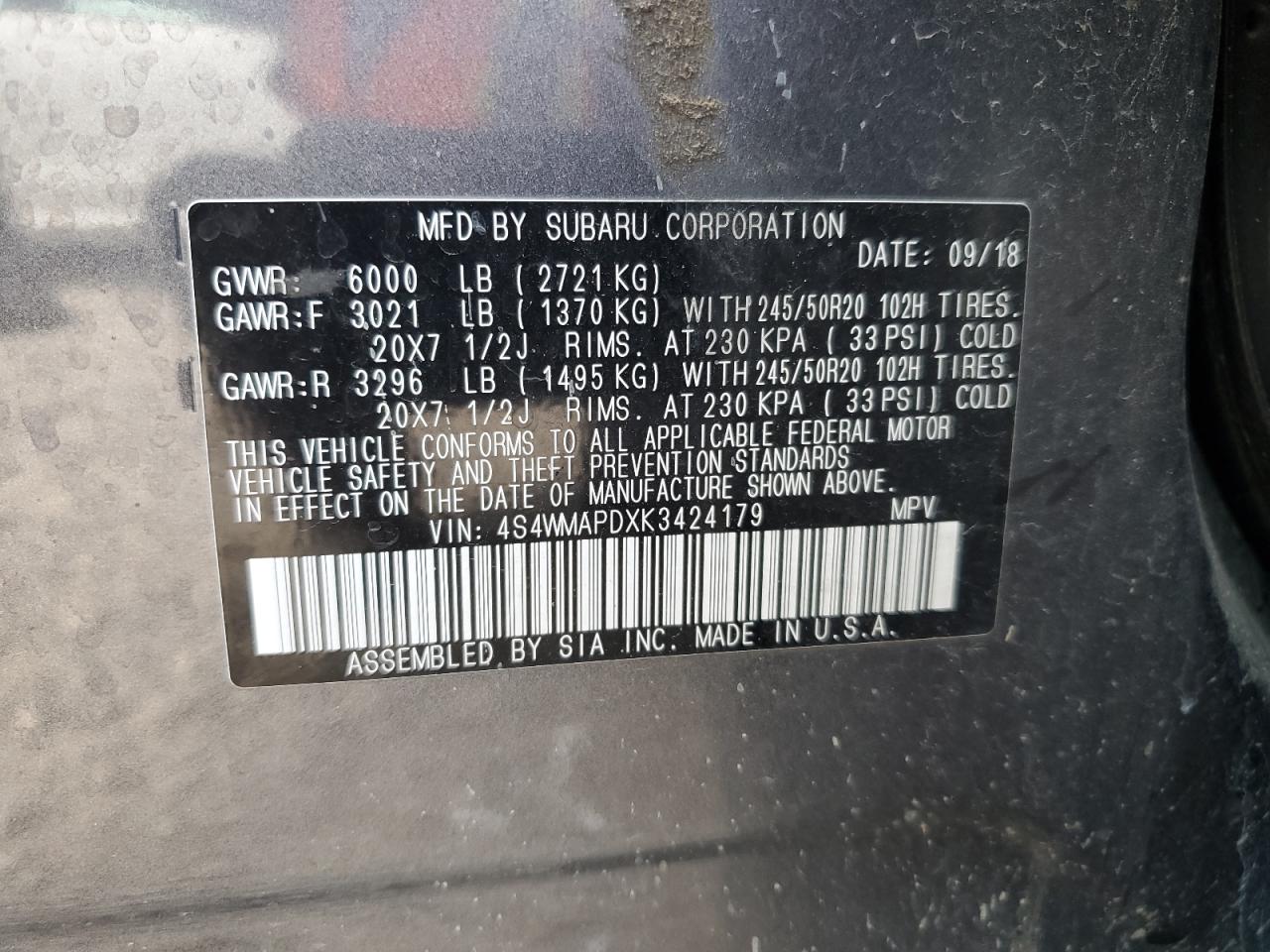 2019 Subaru Ascent Limited VIN: 4S4WMAPDXK3424179 Lot: 69824395