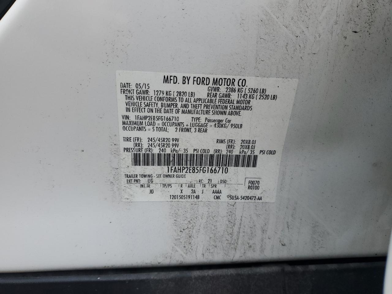 2015 Ford Taurus Sel VIN: 1FAHP2E85FG166710 Lot: 68841625