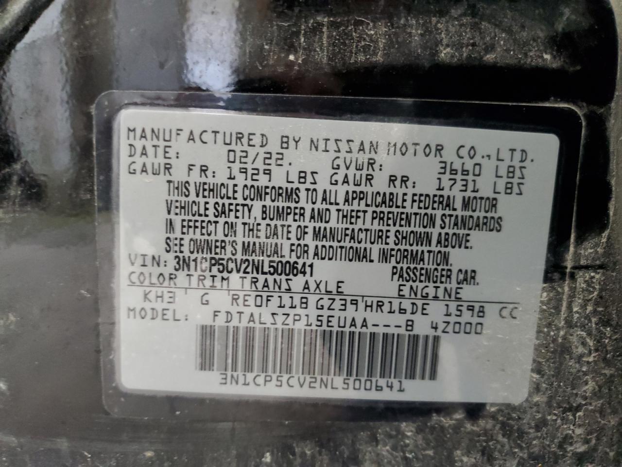 2022 Nissan Kicks Sv VIN: 3N1CP5CV2NL500641 Lot: 68007595