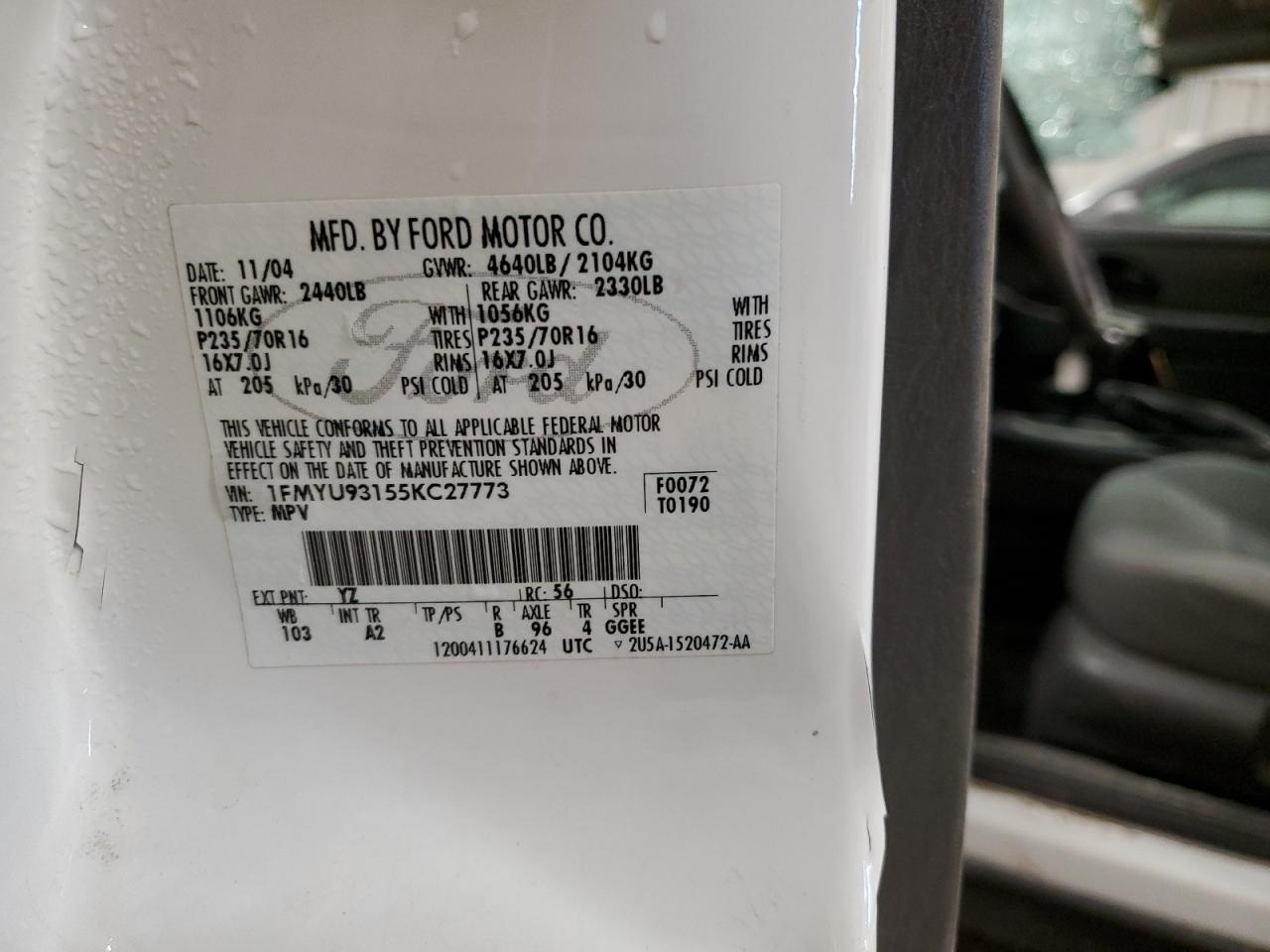 2005 Ford Escape Xlt VIN: 1FMYU93155KC27773 Lot: 69138505