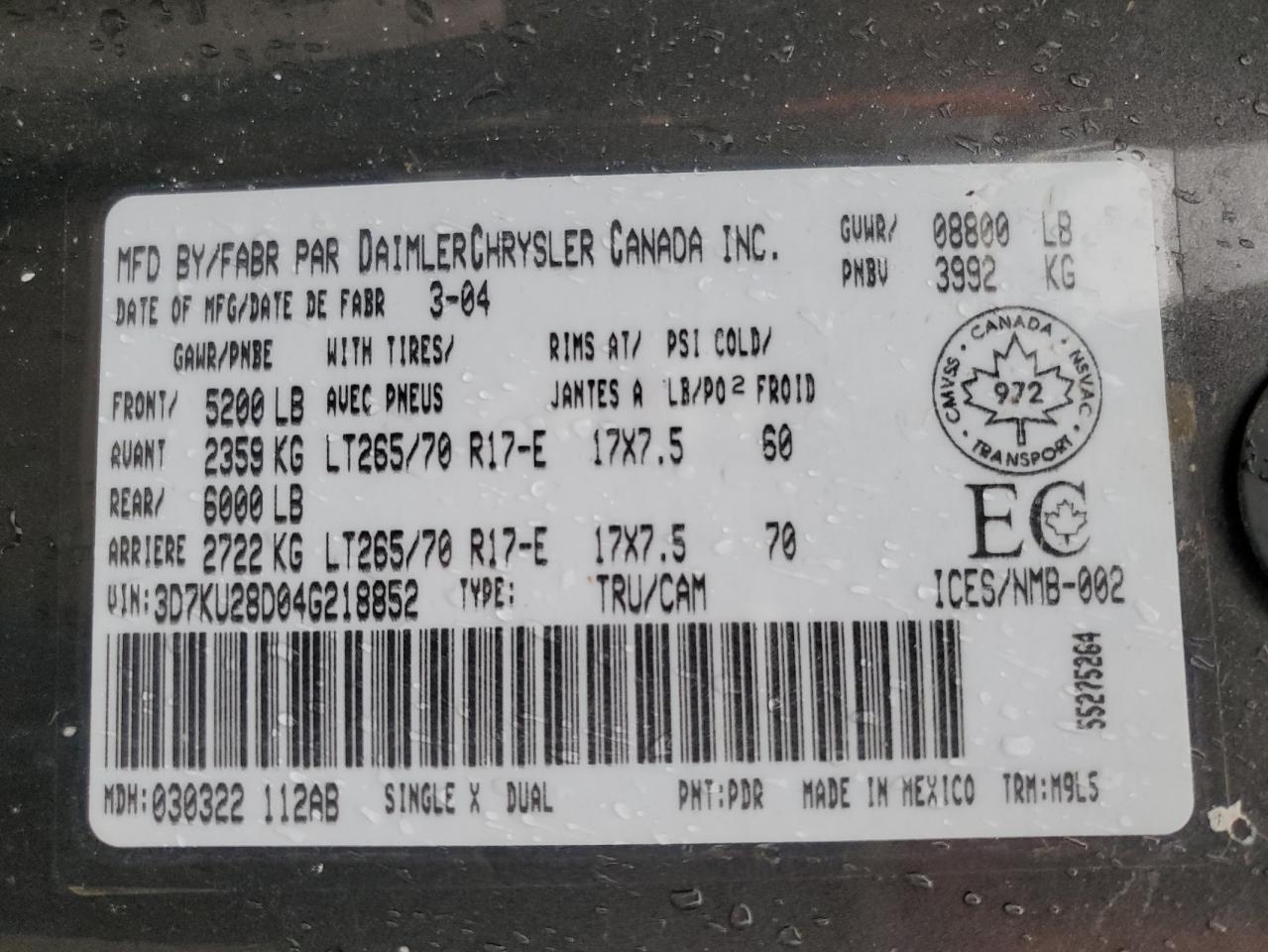2004 Dodge Ram 2500 St VIN: 3D7KU28D04G218852 Lot: 66679555