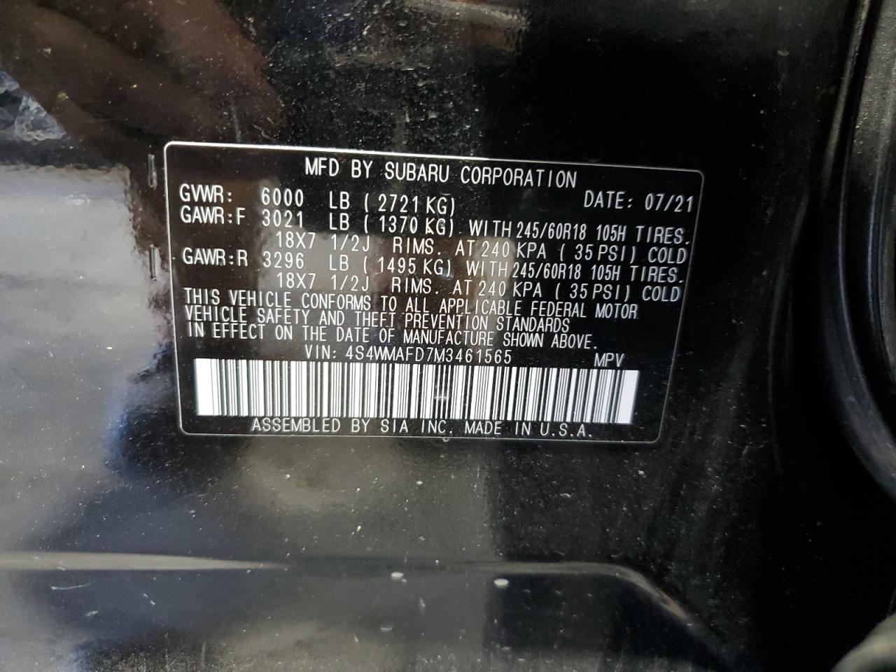 2021 Subaru Ascent Premium VIN: 4S4WMAFD7M3461565 Lot: 67933785