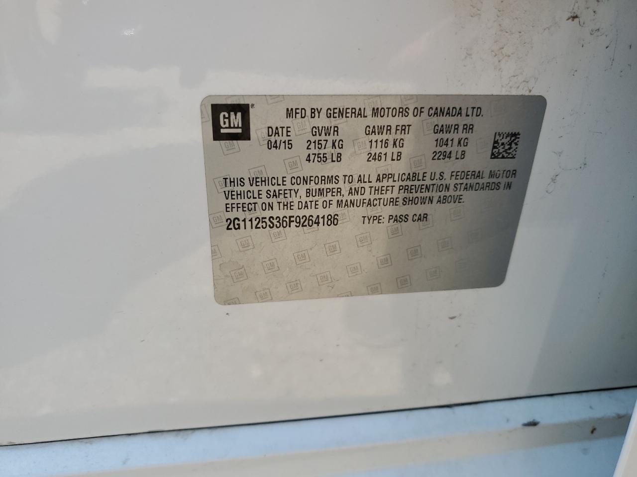 2015 Chevrolet Impala Lt VIN: 2G1125S36F9264186 Lot: 67634615