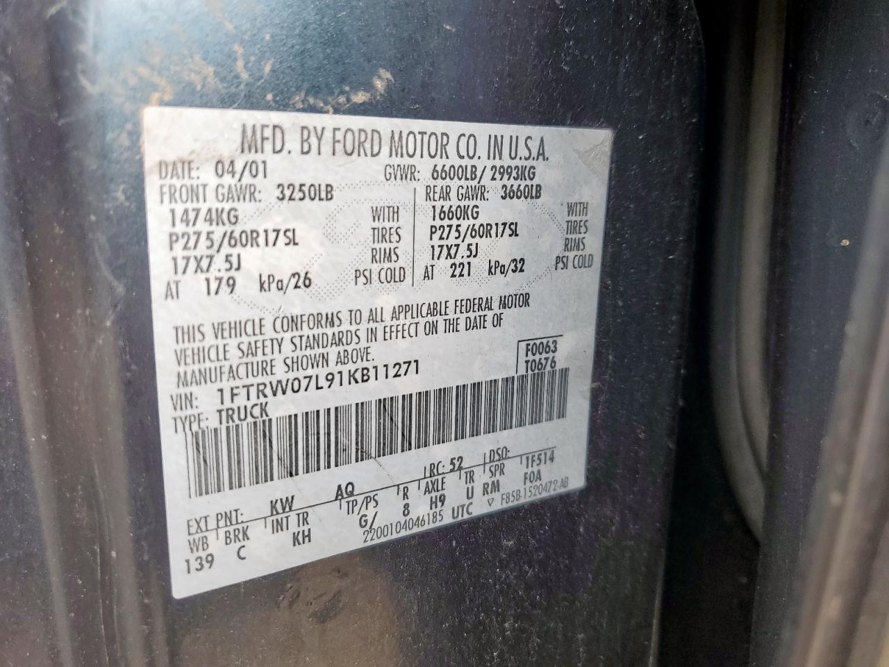 2001 Ford F150 Supercrew VIN: 1FTRW07L91KB11271 Lot: 70594915