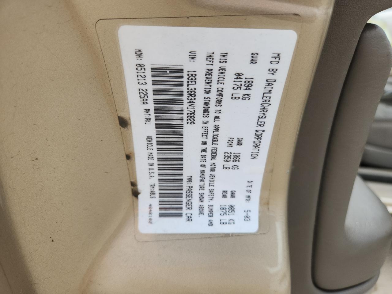 2004 Dodge Stratus Se VIN: 1B3EL36R34N176829 Lot: 70809275