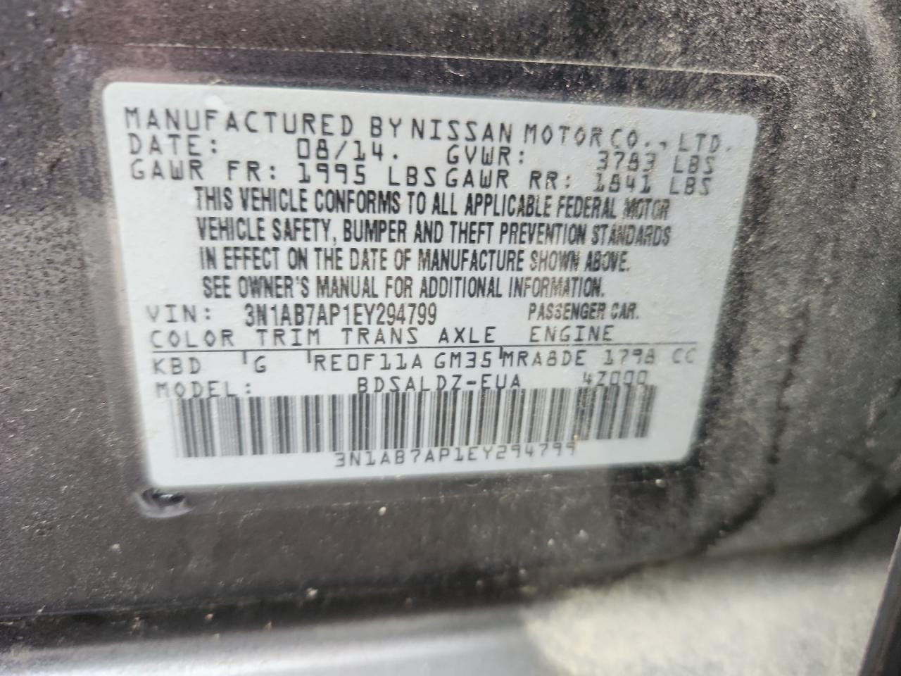 2014 Nissan Sentra S VIN: 3N1AB7AP1EY294799 Lot: 70046975