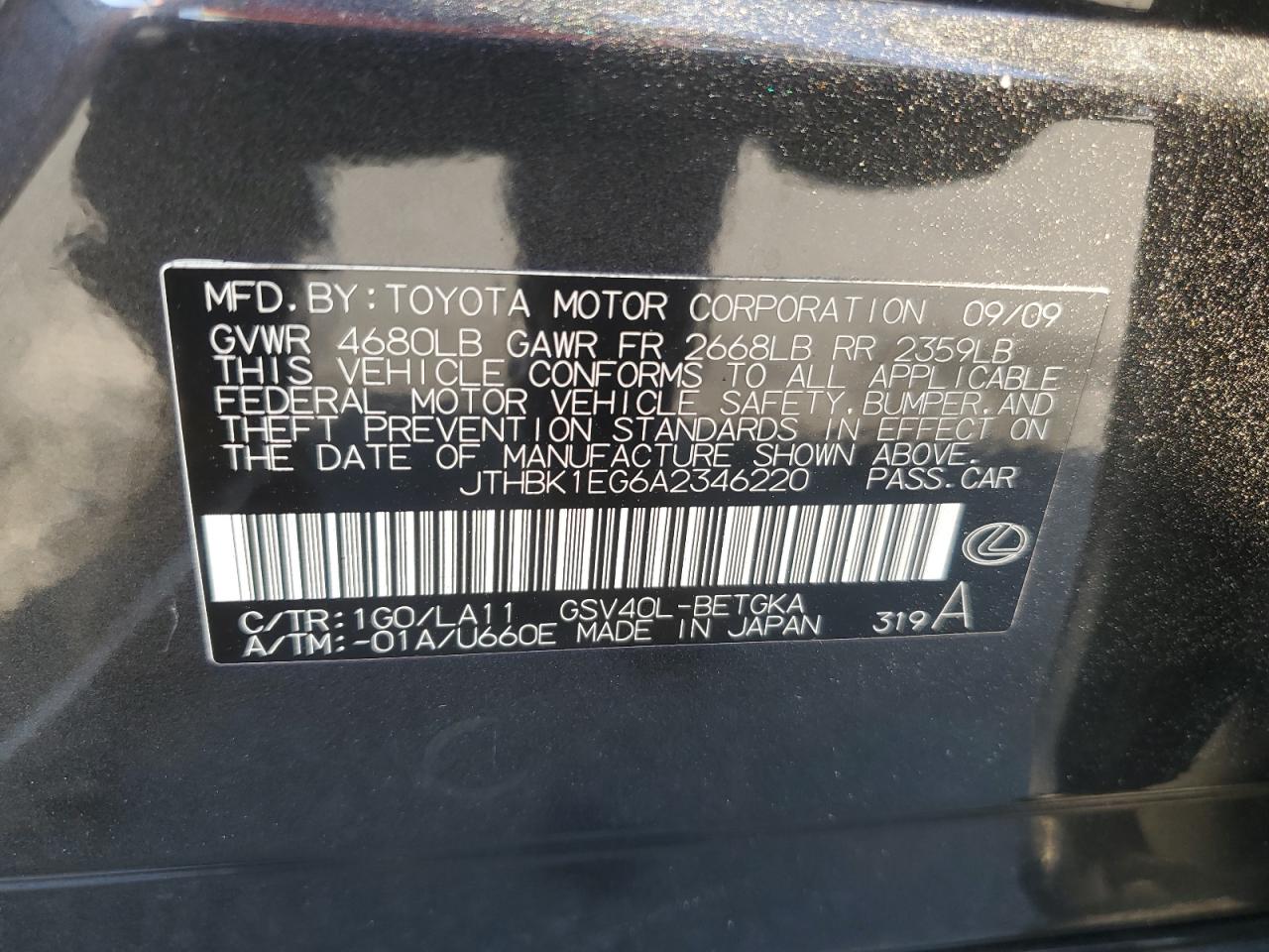 2010 Lexus Es 350 VIN: JTHBK1EG6A2346220 Lot: 68681555