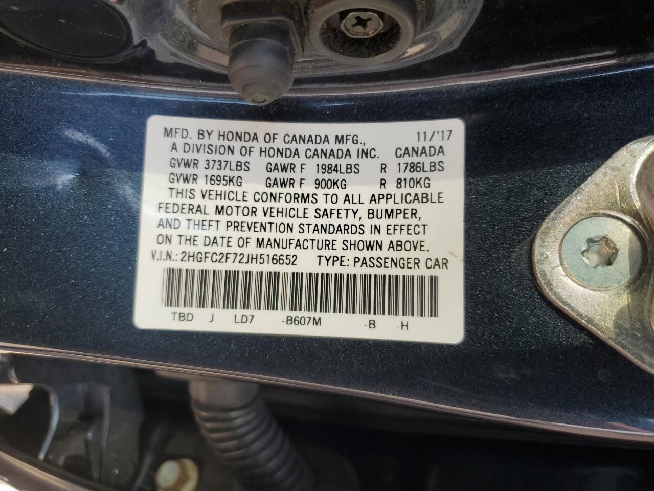 2018 Honda Civic Ex VIN: 2HGFC2F72JH516652 Lot: 71068665