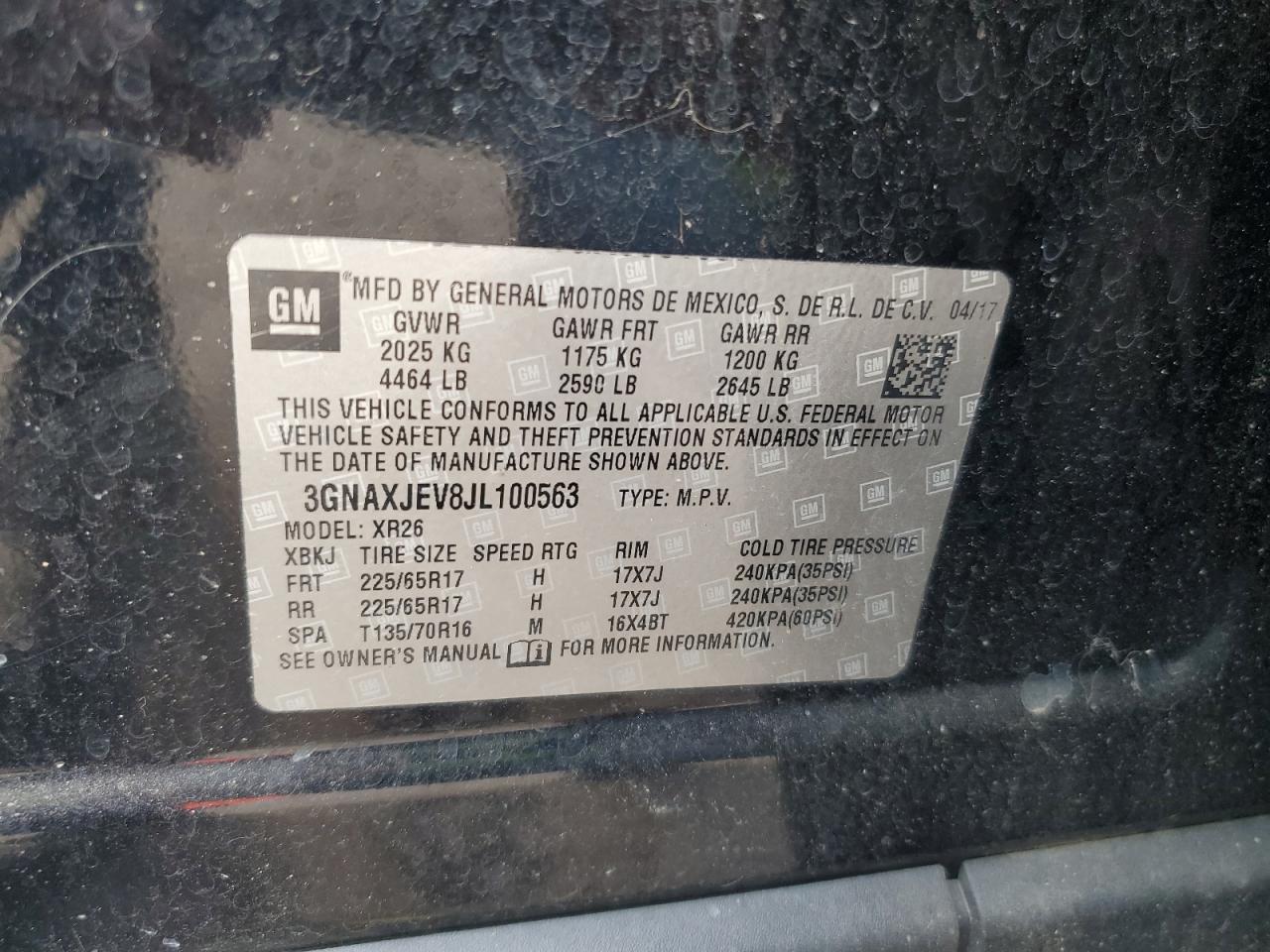 2018 Chevrolet Equinox Lt VIN: 3GNAXJEV8JL100563 Lot: 68898565