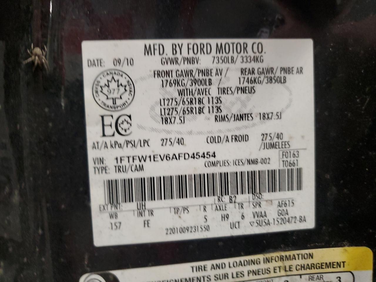 2010 Ford F150 Supercrew VIN: 1FTFW1EV6AFD45454 Lot: 68364795