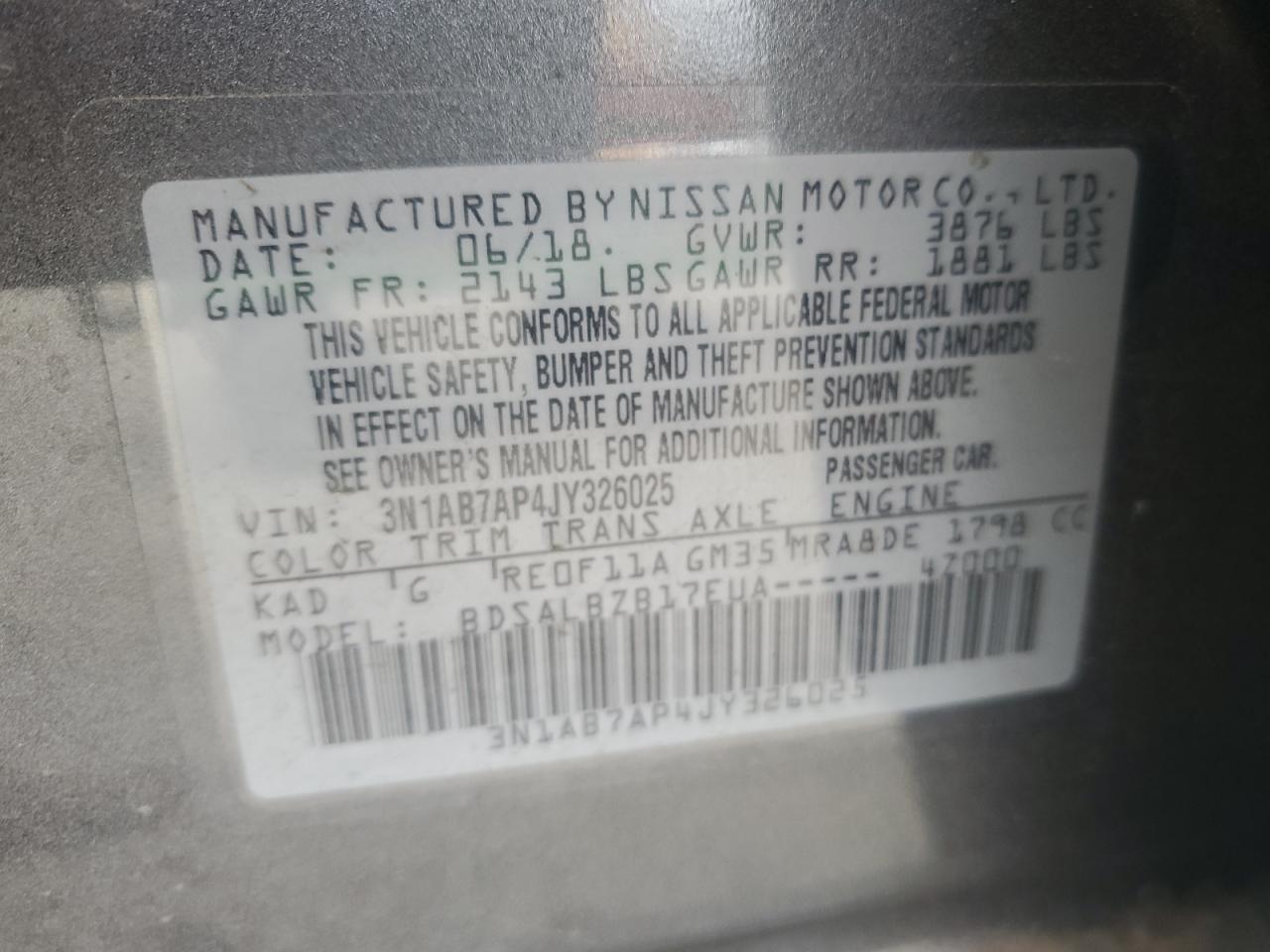 2018 Nissan Sentra S VIN: 3N1AB7AP4JY326025 Lot: 70302125