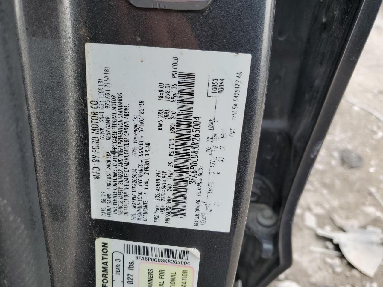 2019 Ford Fusion Sel VIN: 3FA6P0CD8KR265004 Lot: 68910285