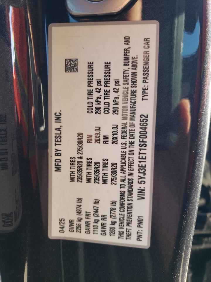 2025 Tesla Model 3 VIN: 5YJ3E1ET1SF004652 Lot: 67948305
