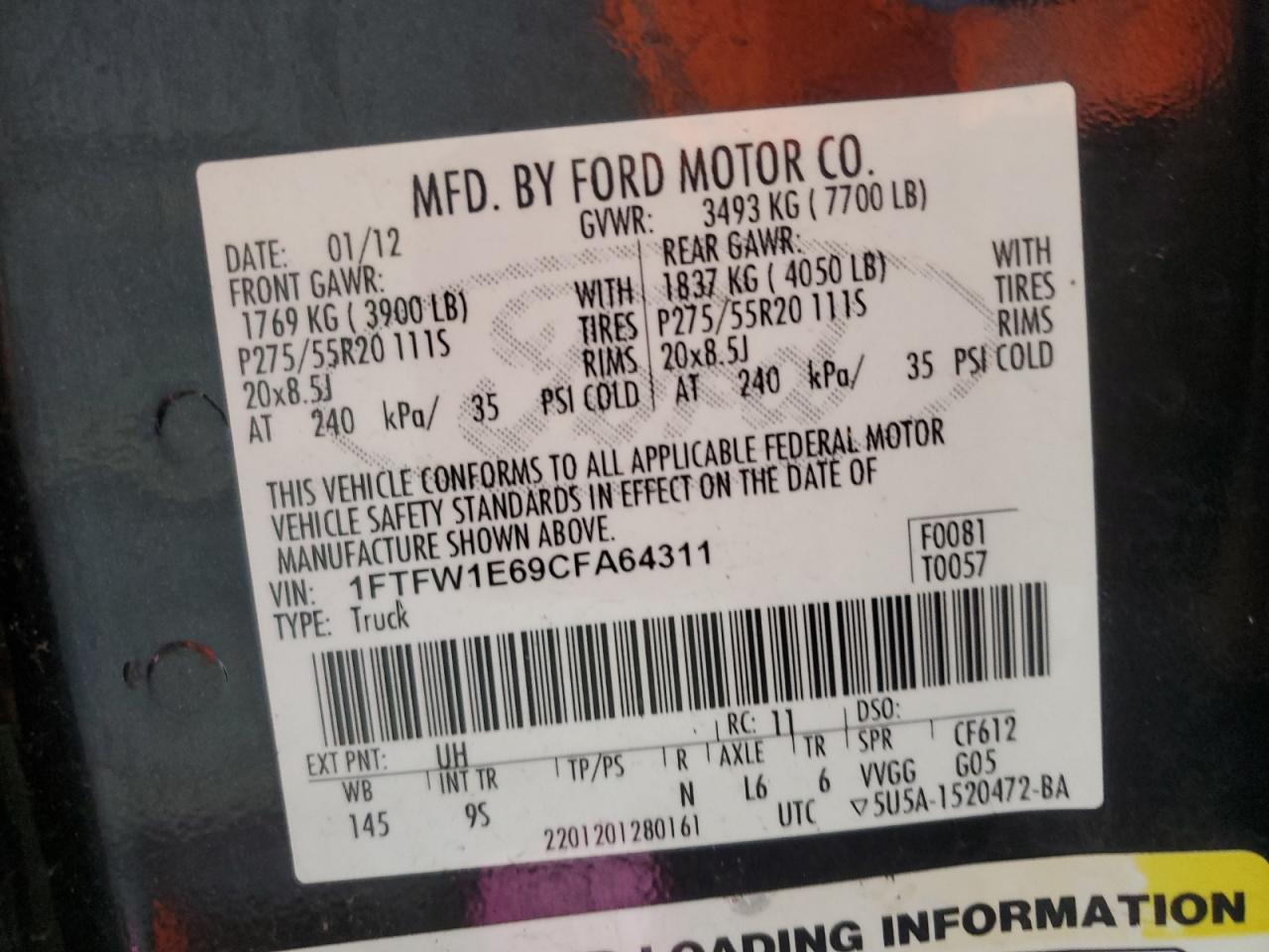 2012 Ford F150 Supercrew VIN: 1FTFW1E69CFA64311 Lot: 67024455