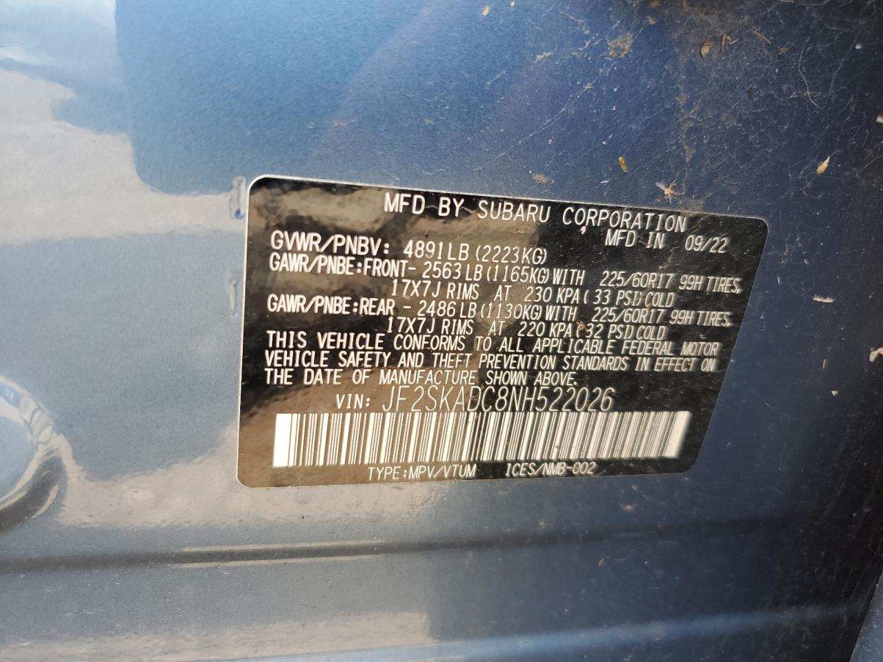 2022 Subaru Forester Premium VIN: JF2SKADC8NH522026 Lot: 67290235