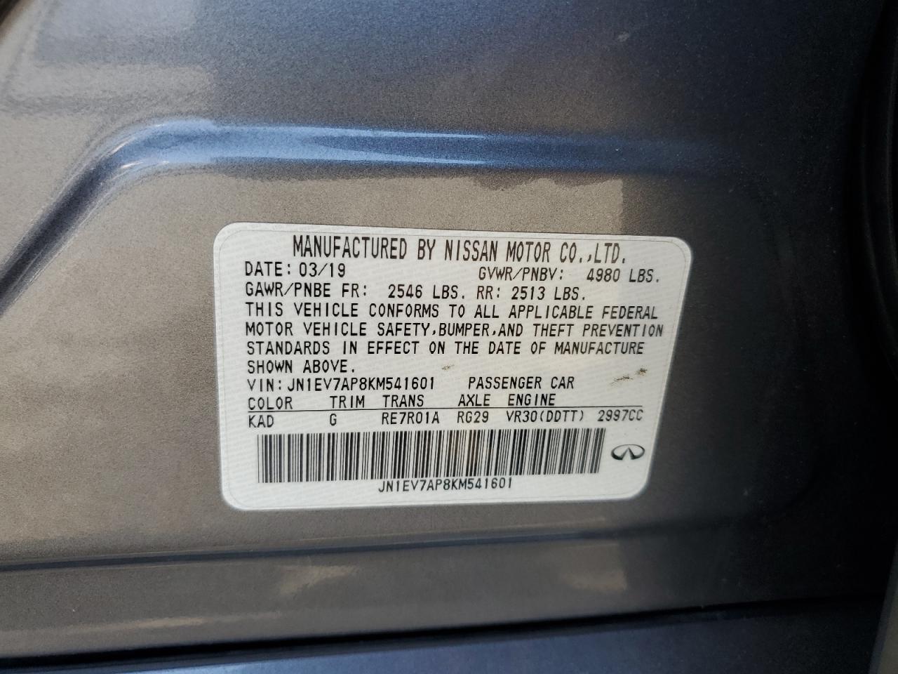 2019 Infiniti Q50 Luxe VIN: JN1EV7AP8KM541601 Lot: 71011245