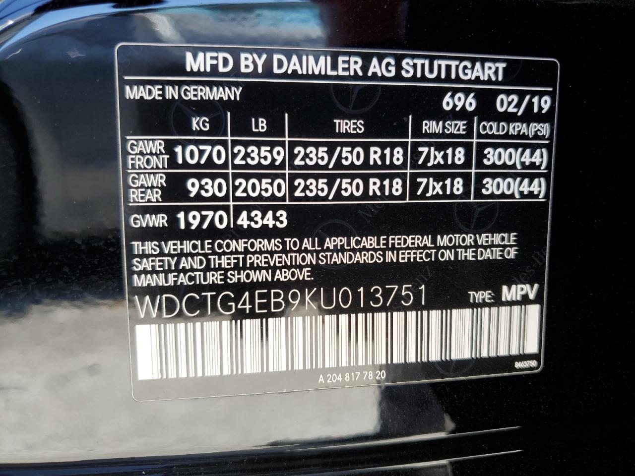 2019 Mercedes-Benz Gla 250 VIN: WDCTG4EB9KU013751 Lot: 69934825