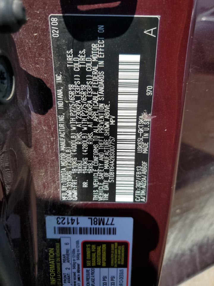 2008 Toyota Sequoia Sr5 VIN: 5TDBY64A28S007757 Lot: 68188745