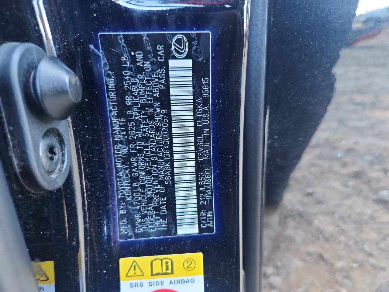 2016 Lexus Es 350 VIN: 58ABK1GGXGU020579 Lot: 69995035