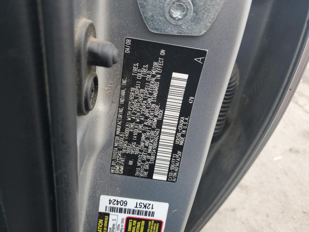 2008 Toyota Tundra Double Cab VIN: 5TBBT54108S462463 Lot: 69502005