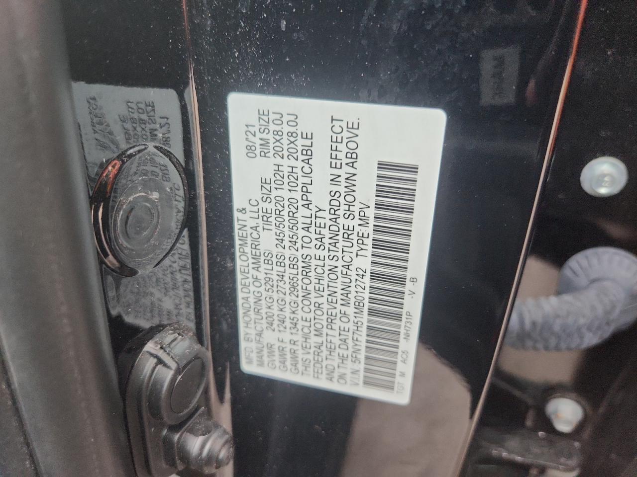 2021 Honda Passport Exl VIN: 5FNYF7H51MB012742 Lot: 67635645