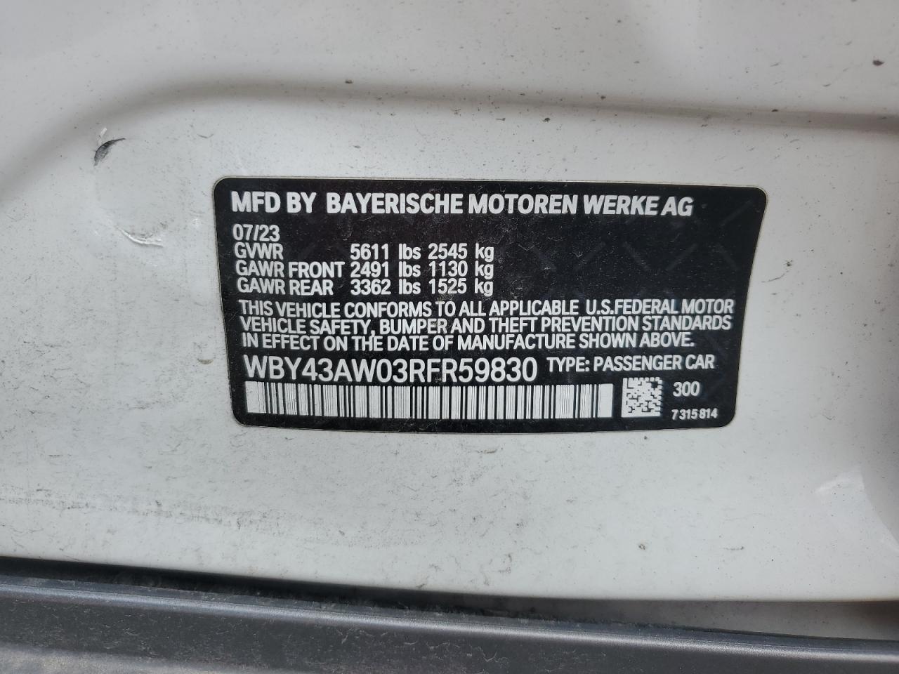 2024 BMW I4 Edrive 35 VIN: WBY43AW03RFR59830 Lot: 70283535