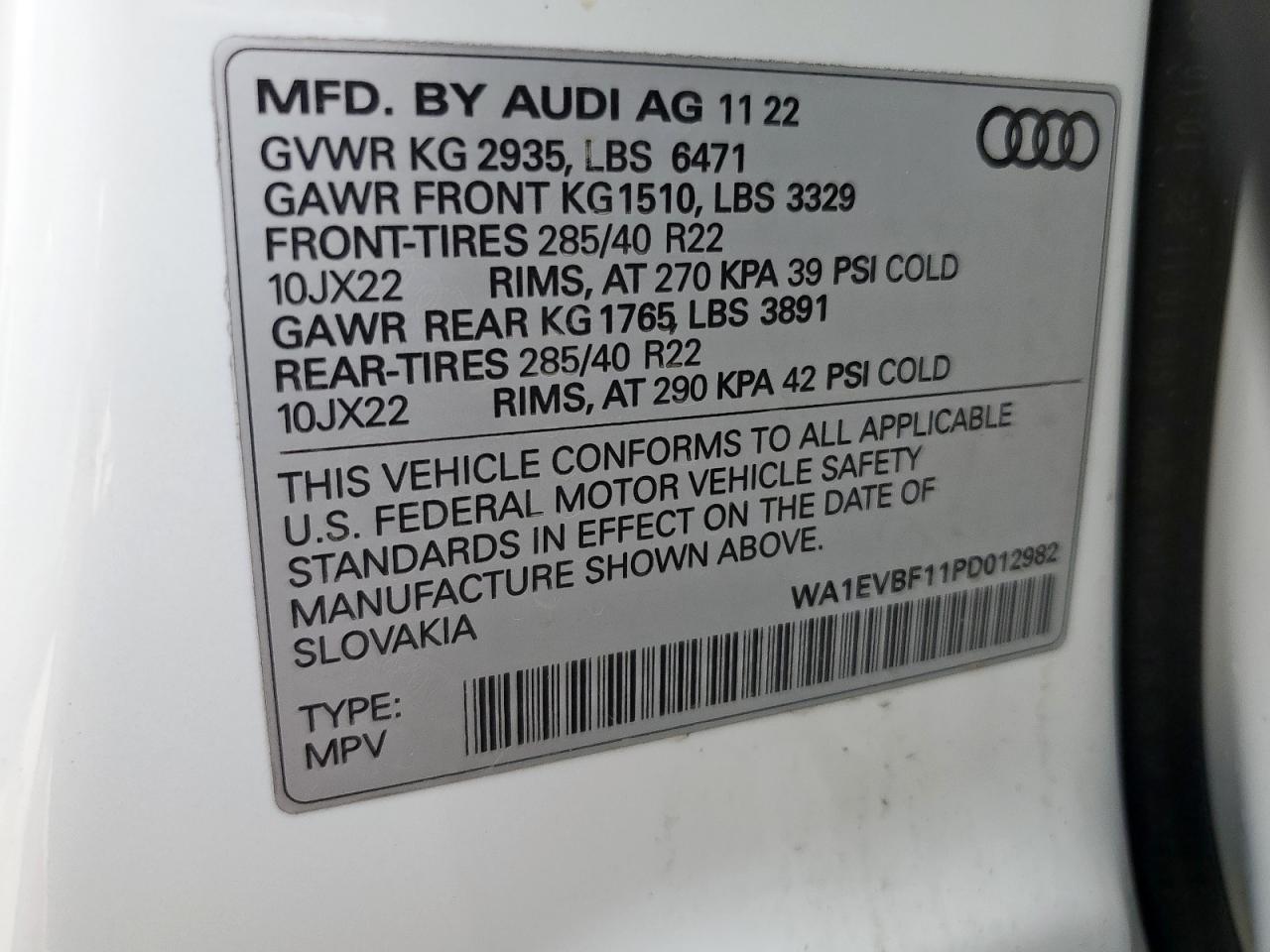 2023 Audi Q8 Premium Plus S-Line VIN: WA1EVBF11PD012982 Lot: 70080175