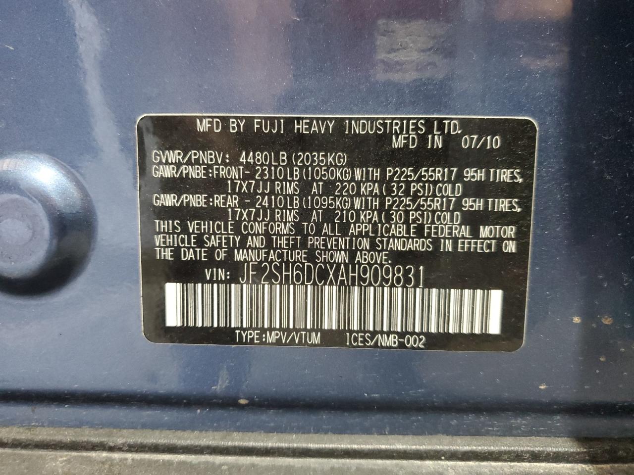 2010 Subaru Forester 2.5X Limited VIN: JF2SH6DCXAH909831 Lot: 68250475
