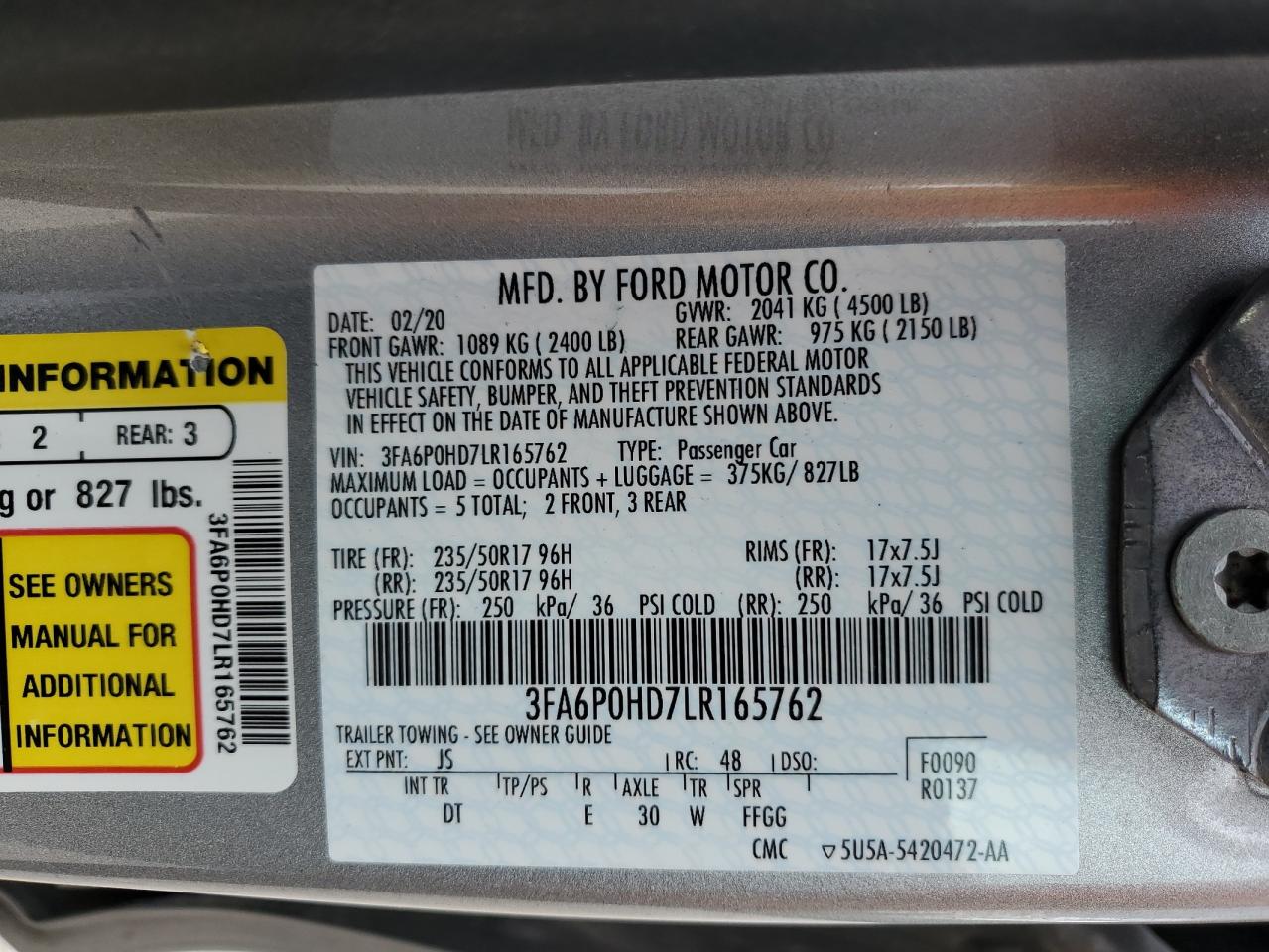 2020 Ford Fusion Se VIN: 3FA6P0HD7LR165762 Lot: 69505735