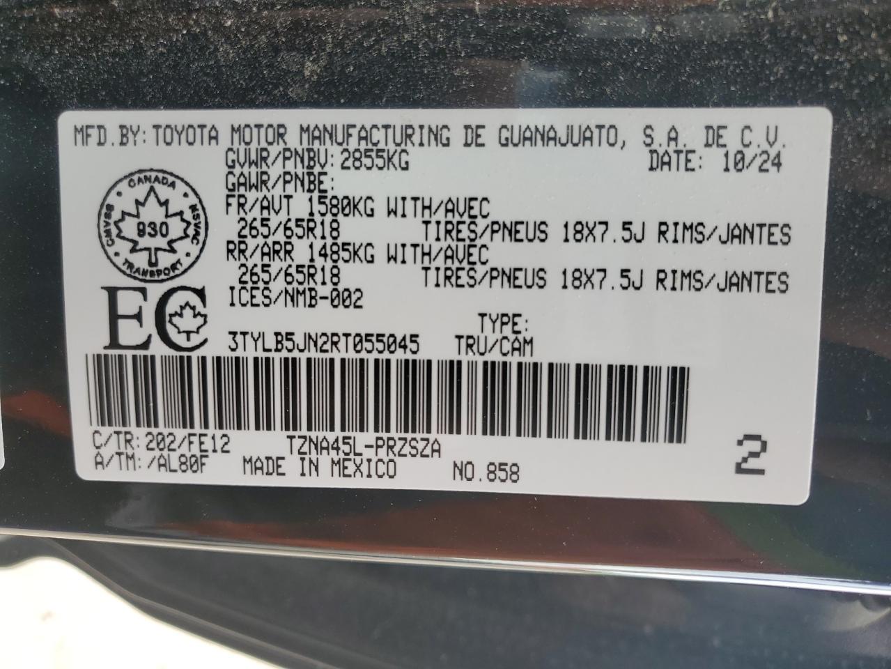 2024 Toyota Tacoma Double Cab VIN: 3TYLB5JN2RT055045 Lot: 69134065