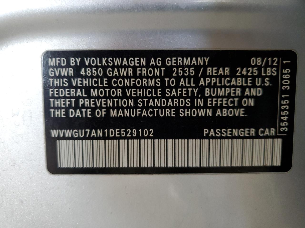 2013 Volkswagen Cc Vr6 4Motion VIN: WVWGU7AN1DE529102 Lot: 68978185