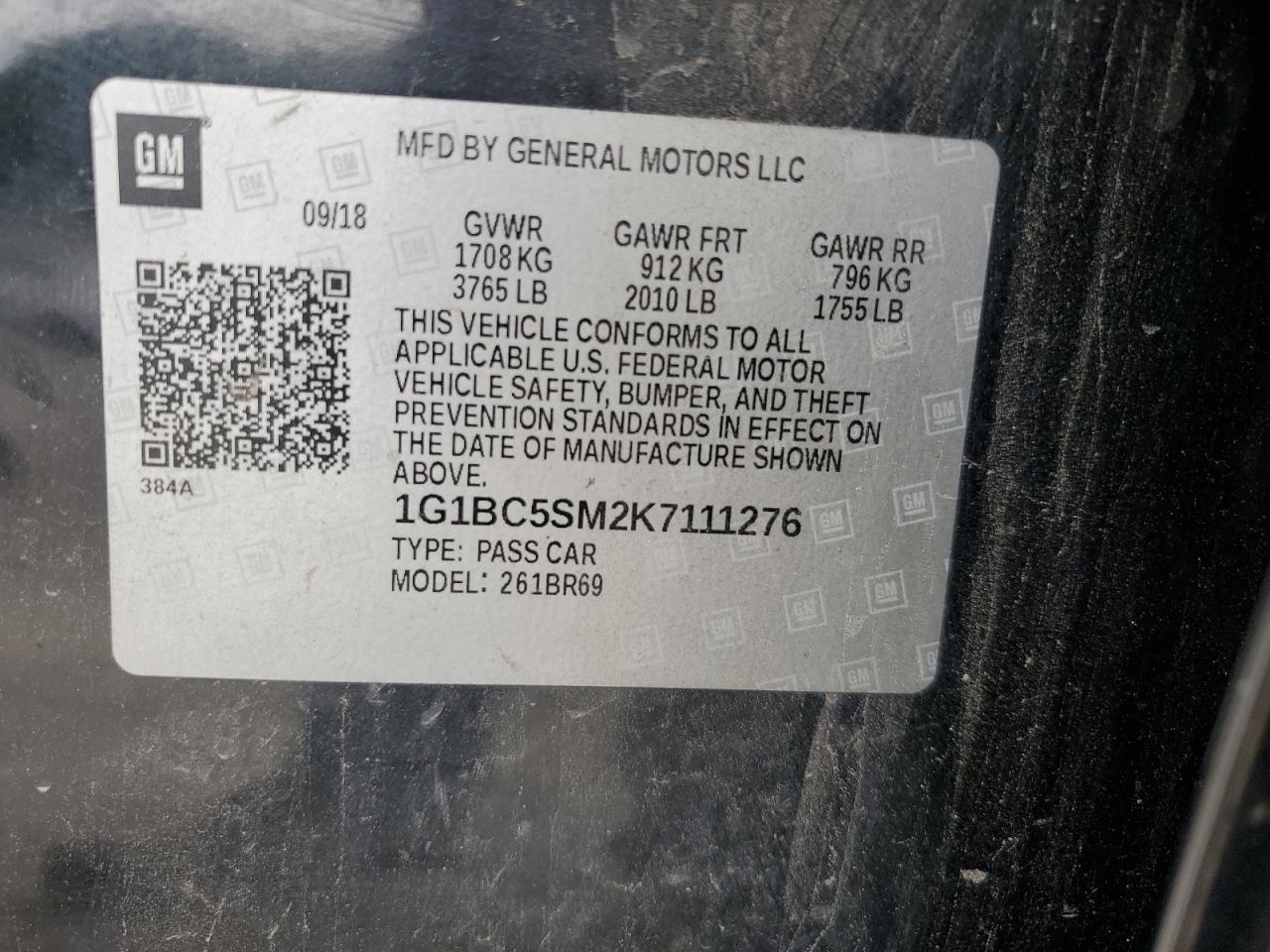 2019 Chevrolet Cruze Ls VIN: 1G1BC5SM2K7111276 Lot: 70687865