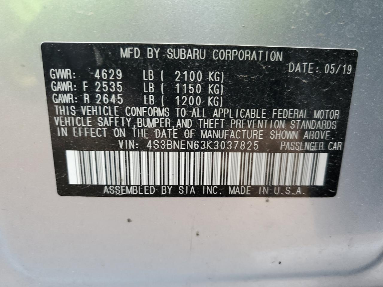 2019 Subaru Legacy 3.6R Limited VIN: 4S3BNEN63K3037825 Lot: 68581035