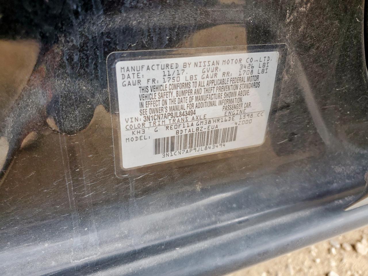 2018 Nissan Versa S VIN: 3N1CN7AP9JL843494 Lot: 70085455