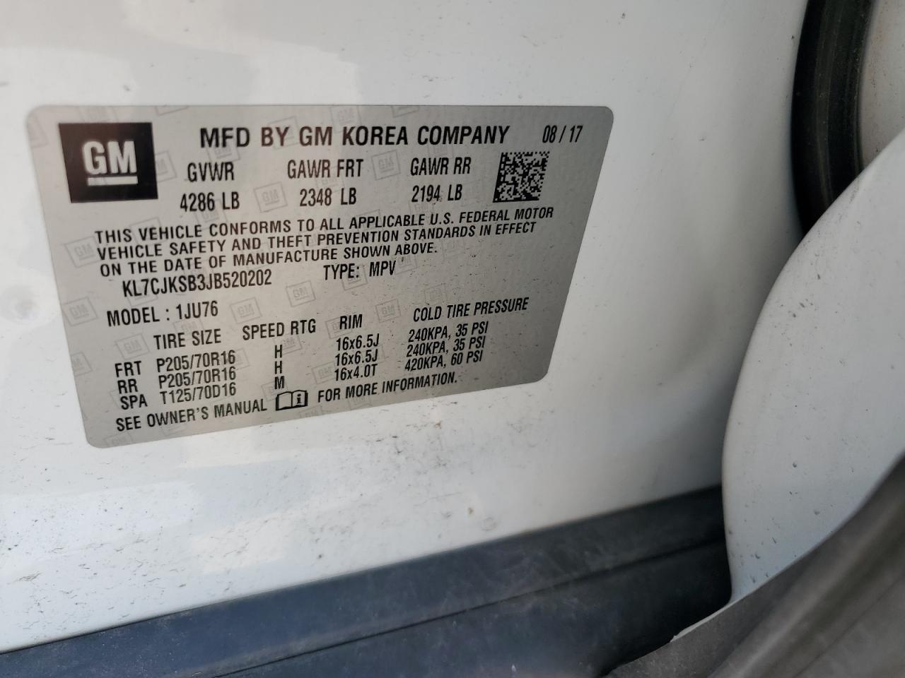 2018 Chevrolet Trax Ls VIN: KL7CJKSB3JB520202 Lot: 69062755