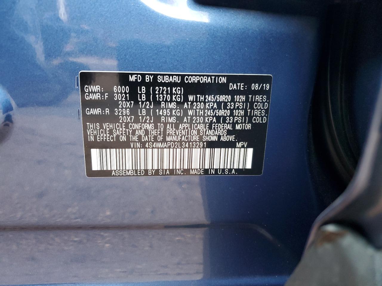 2020 Subaru Ascent Limited VIN: 4S4WMAPD2L3413291 Lot: 67133875