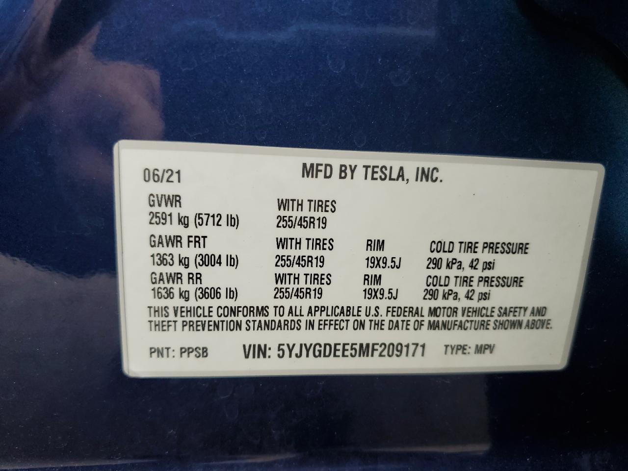2021 Tesla Model Y VIN: 5YJYGDEE5MF209171 Lot: 69003735