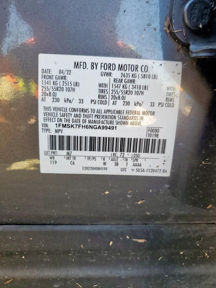 2022 Ford Explorer Limited VIN: 1FMSK7FH6NGA99491 Lot: 69976035
