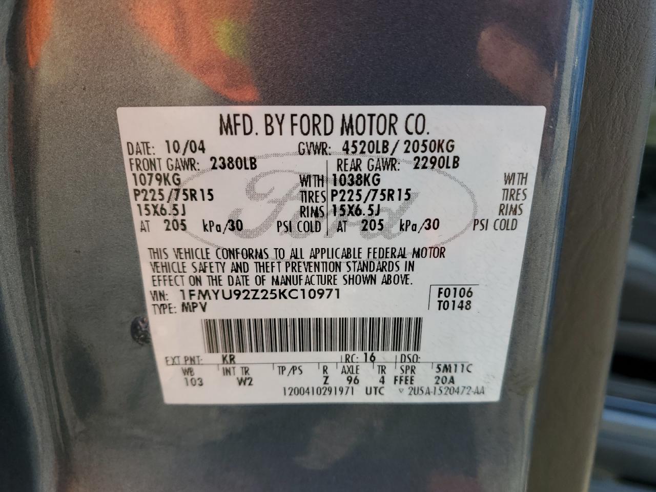 2005 Ford Escape Xls VIN: 1FMYU92Z25KC10971 Lot: 70029265