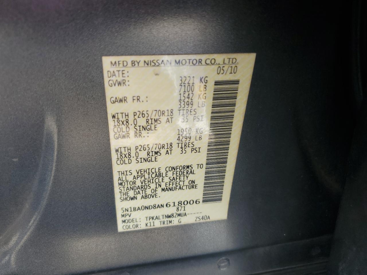 2010 Nissan Armada Se VIN: 5N1BA0ND8AN618006 Lot: 70407215