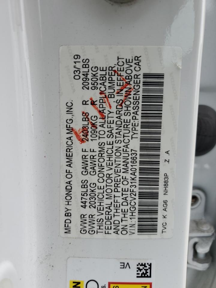 2019 Honda Accord Sport VIN: 1HGCV2F31KA016637 Lot: 67187435