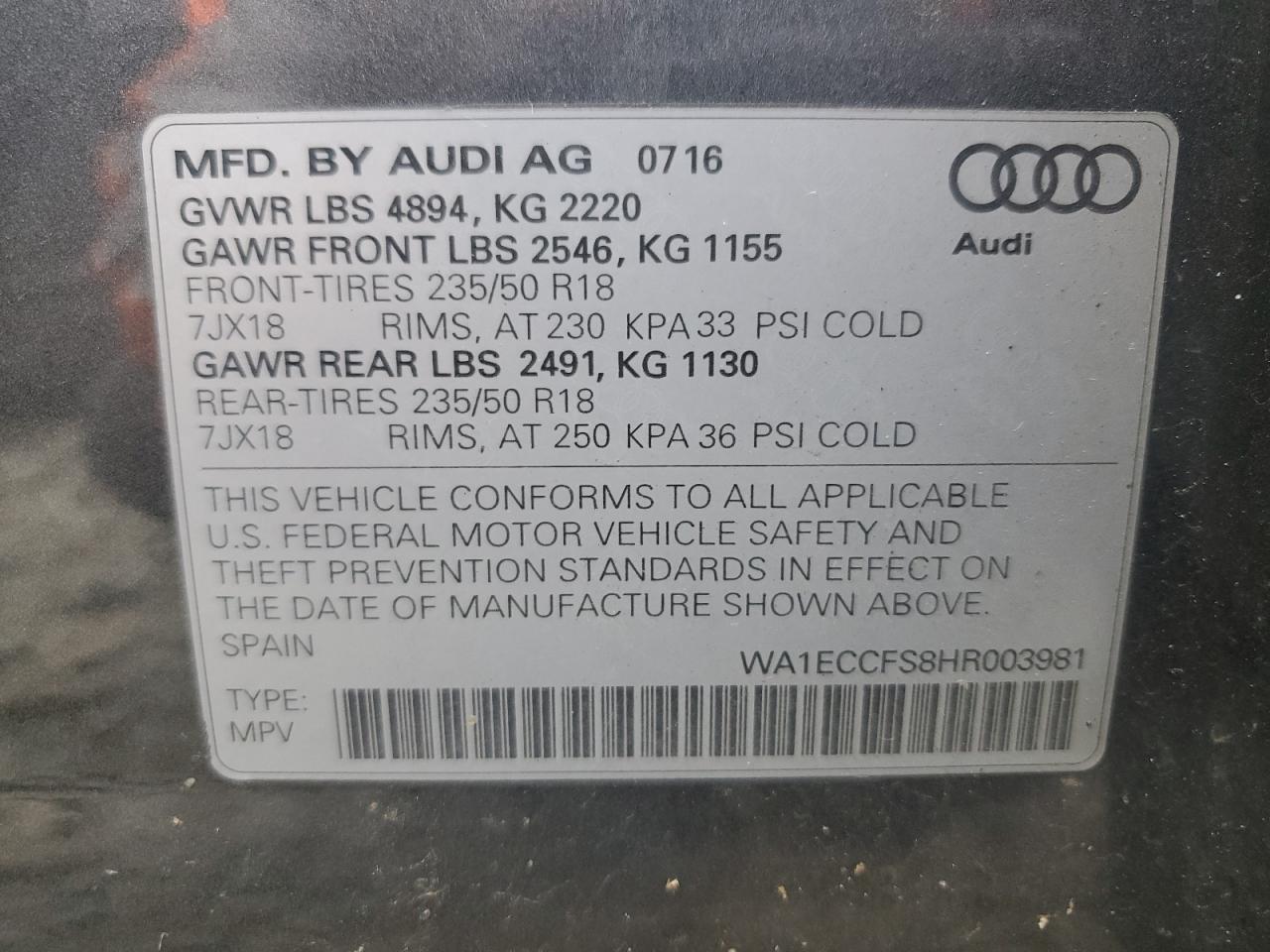 2017 Audi Q3 Premium VIN: WA1ECCFS8HR003981 Lot: 70884335