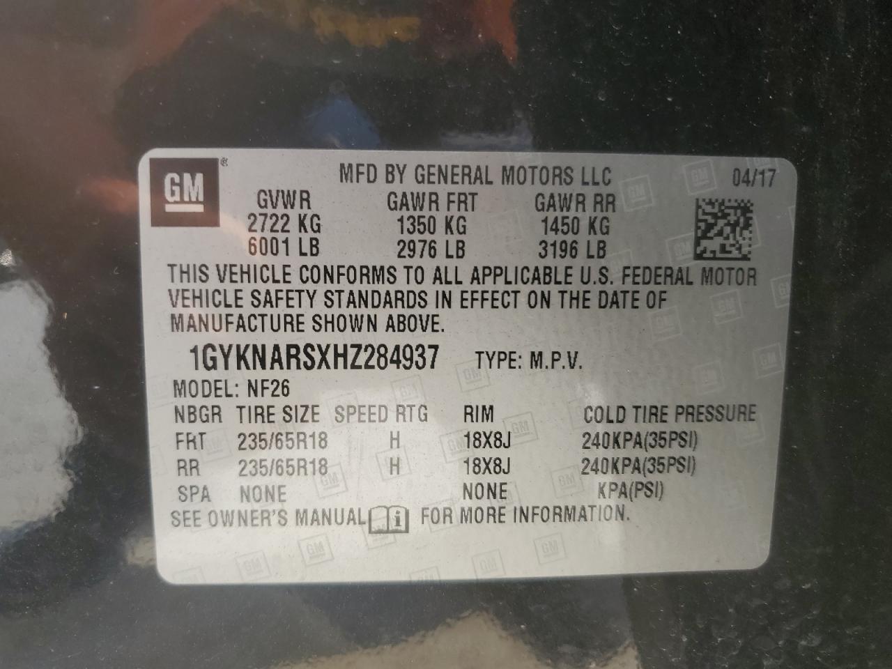 2017 Cadillac Xt5 VIN: 1GYKNARSXHZ284937 Lot: 68022745