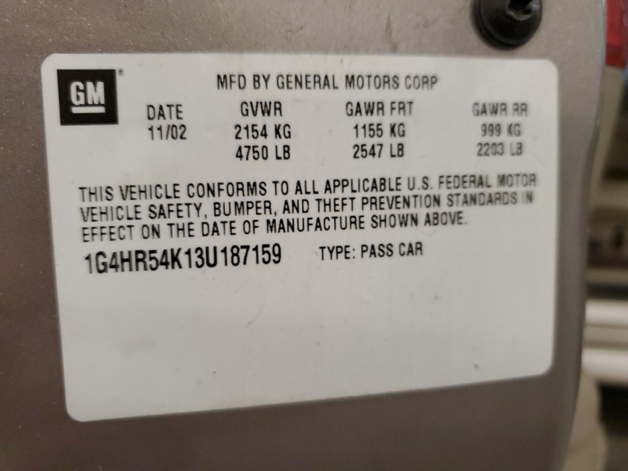 2003 Buick Lesabre Limited VIN: 1G4HR54K13U187159 Lot: 69852125