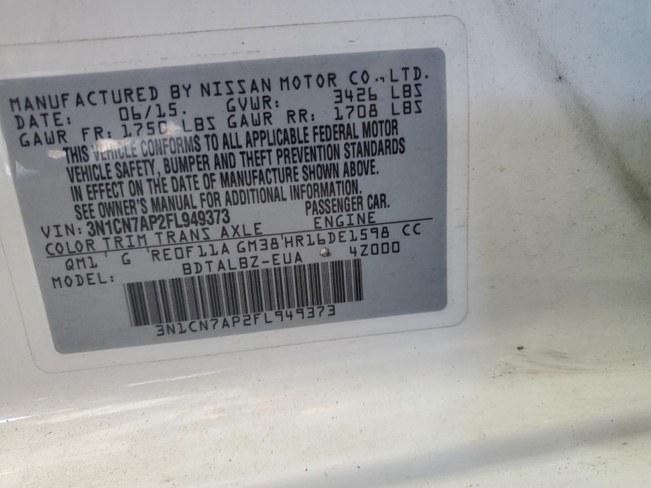 2015 Nissan Versa S VIN: 3N1CN7AP2FL949373 Lot: 70715235