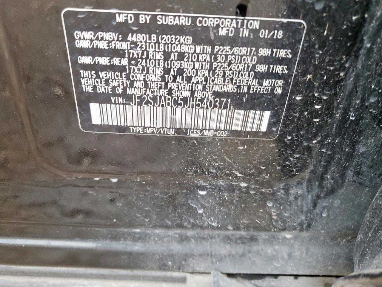 2018 Subaru Forester 2.5I VIN: JF2SJABC5JH540371 Lot: 69872605