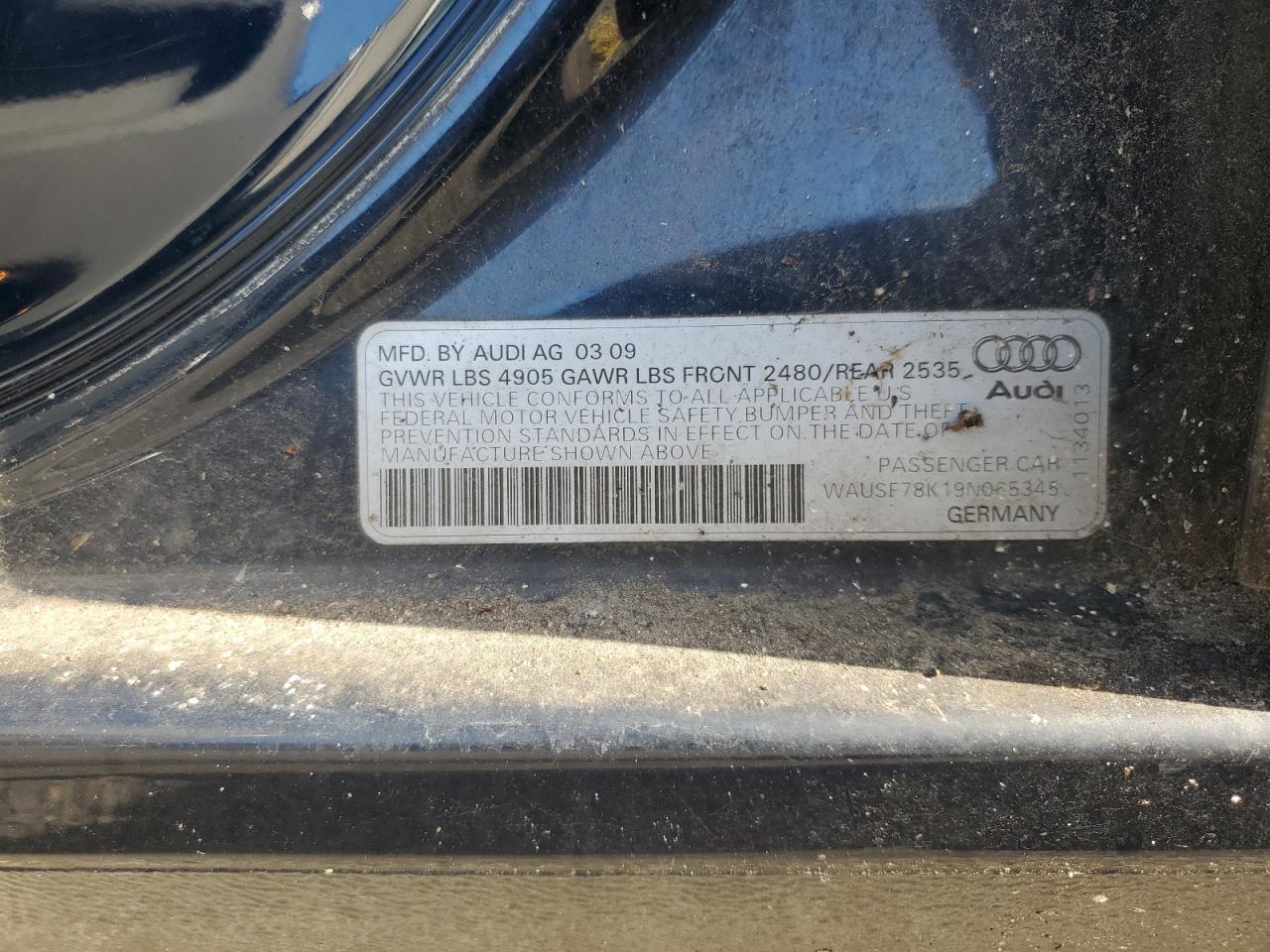 2009 Audi A4 Premium Plus VIN: WAUSF78K19N065345 Lot: 93593745