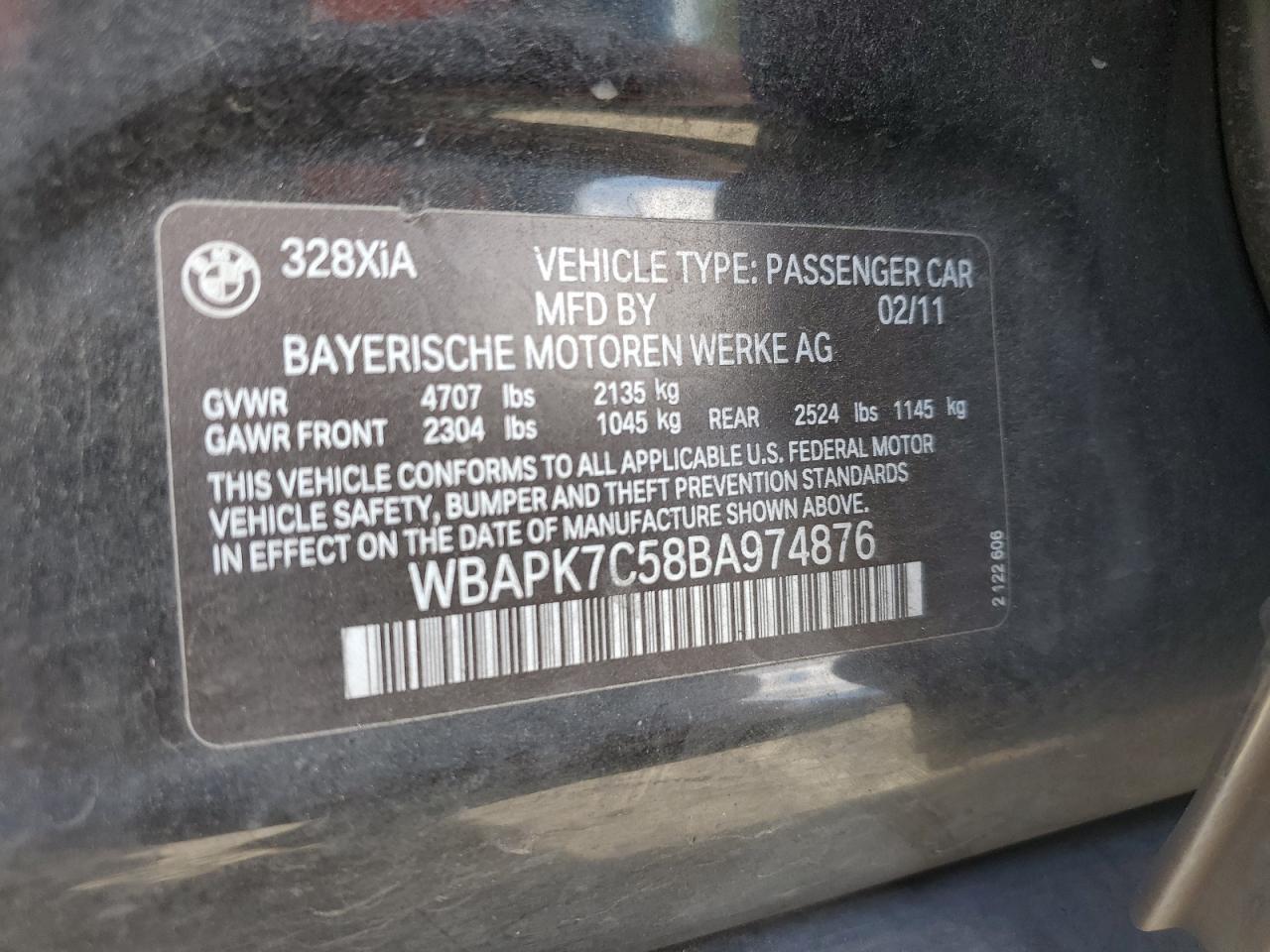 2011 BMW 328 Xi VIN: WBAPK7C58BA974876 Lot: 69326195