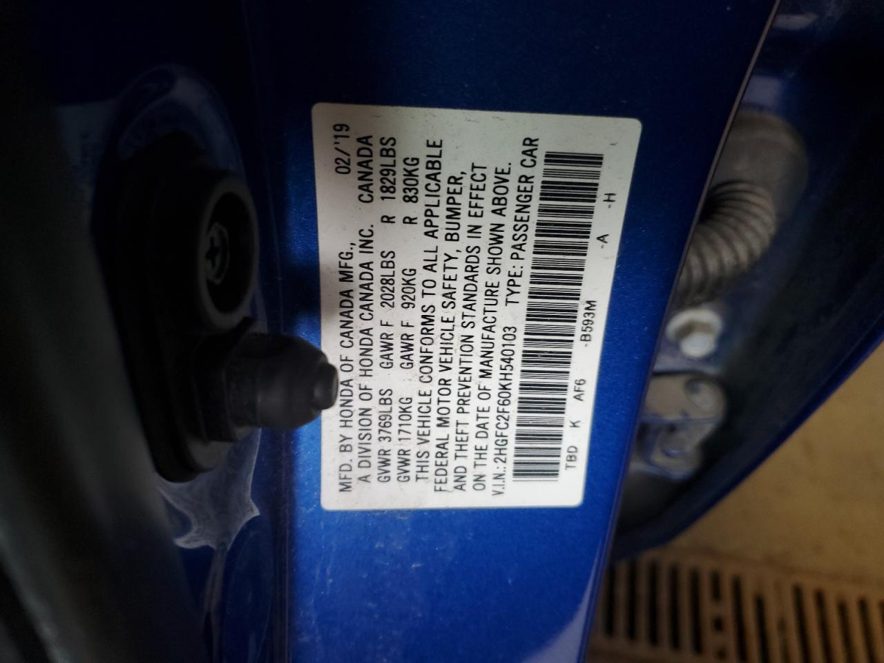 2019 Honda Civic Lx VIN: 2HGFC2F60KH540103 Lot: 69766605